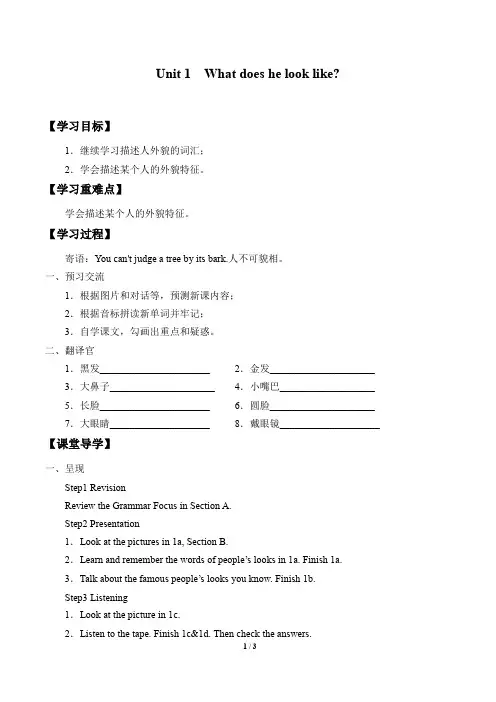 鲁教版(五四学制)七年级英语上册：Unit 1  What does he look like？  学案(无答案)4