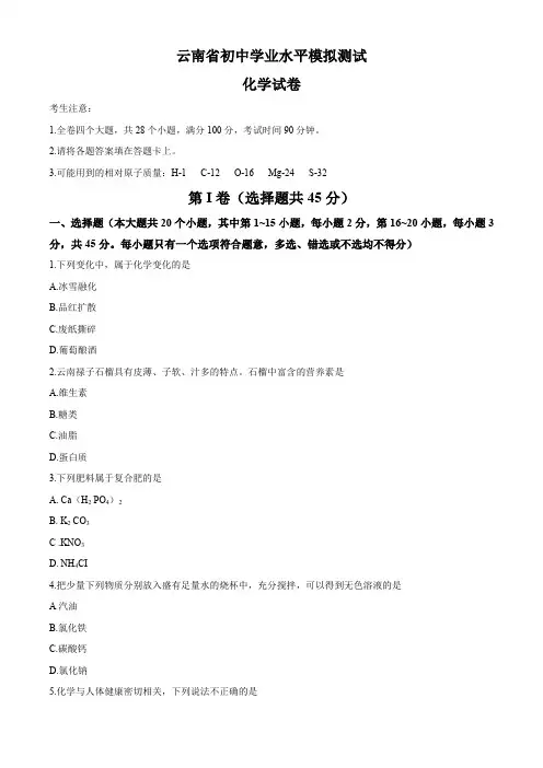 云南省昭通市2020届九年级学业水平模拟测试化学试题
