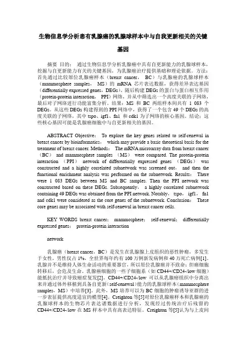 生物信息学分析患有乳腺癌的乳腺球样本中与自我更新相关的关键基因