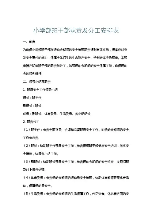 小学部班干部职责及分工安排表