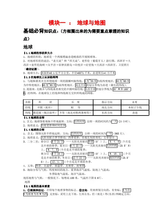 中考地理复习模块一地球和地图练习题以及答案