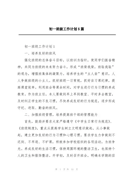 初一班级工作计划5篇