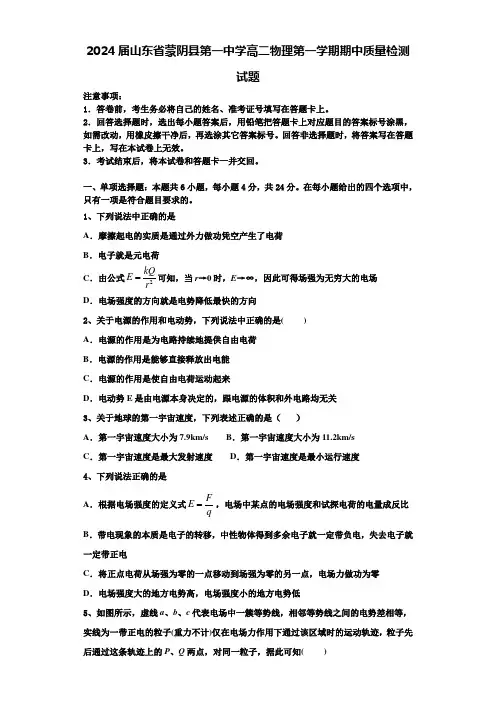 2024届山东省蒙阴县第一中学高二物理第一学期期中质量检测试题含解析