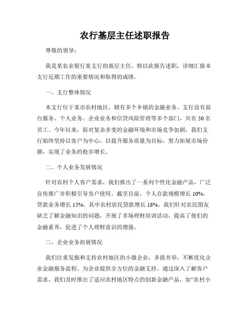 农行基层主任述职报告