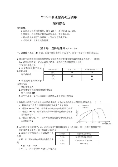 浙江省2016届高三高考压轴卷理综试卷