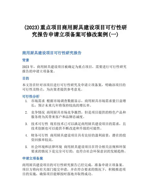 (2023)重点项目商用厨具建设项目可行性研究报告申请立项备案可修改案例(一)