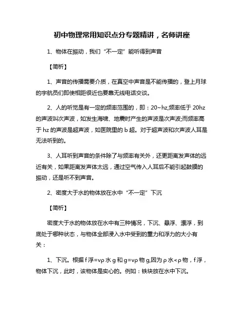初中物理常用知识点分专题精讲,名师讲座