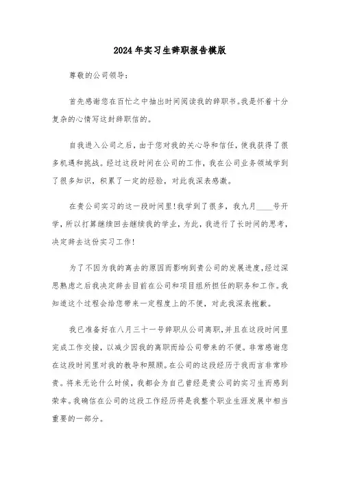 2024年实习生辞职报告模版（6篇）