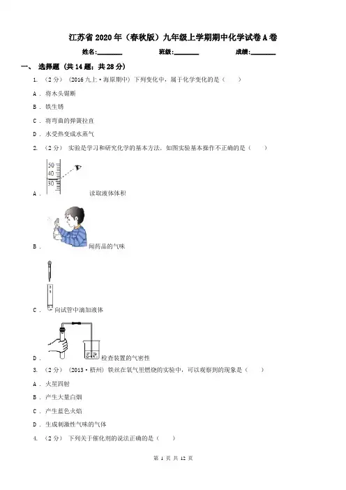 江苏省2020年(春秋版)九年级上学期期中化学试卷A卷