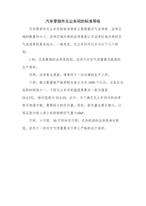 汽车零部件无尘车间的标准等级