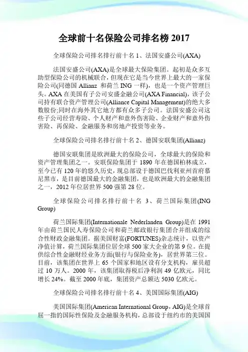 全球前十名保险公司排名榜201