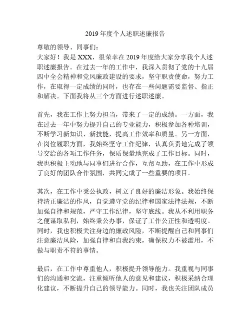 2019年度个人述职述廉报告