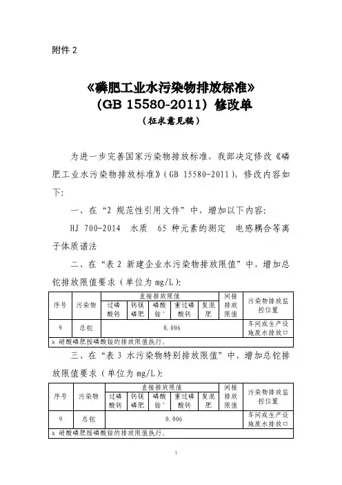《磷肥工业水污染物排放标准》(GB 15580)修改单