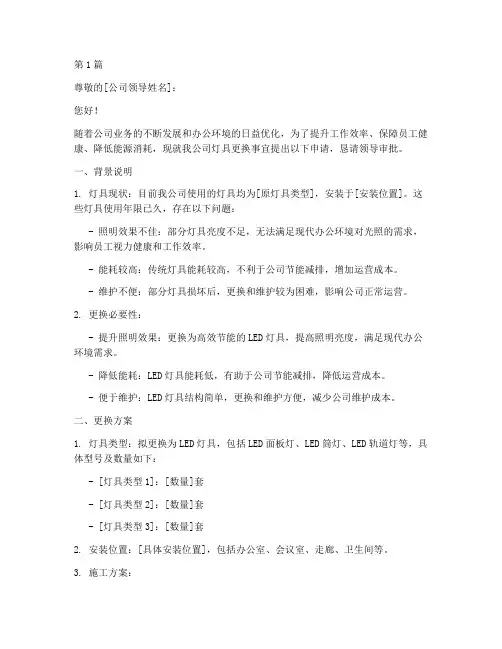 更换公司灯具的申请书模板(3篇)