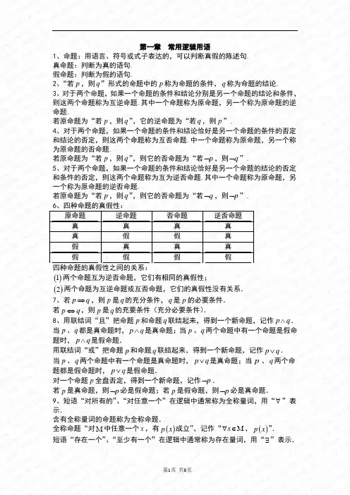 高二数学选修2-1第一章常用逻辑用语_知识点+习题+答案