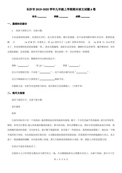 长沙市2019-2020学年九年级上学期期末语文试题A卷(练习)
