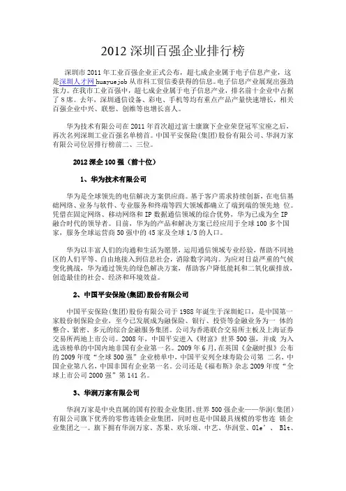 2012深圳百强企业排行榜