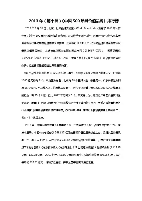 2013年(第十届)《中国500最具价值品牌》排行榜