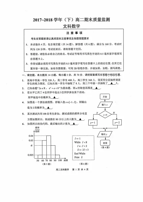 江苏省南通市通州区2017-2018学年下学期高二期末学业质量监测高二数学文科试卷(PDF版)