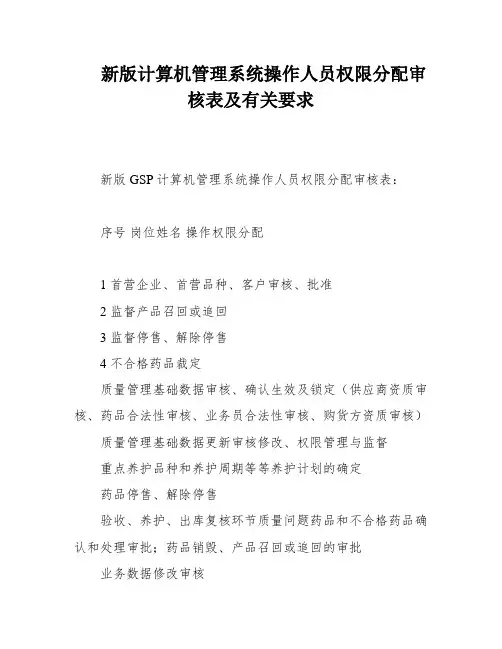 新版计算机管理系统操作人员权限分配审核表及有关要求