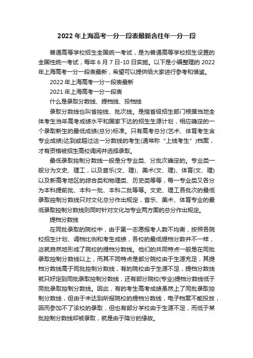 2022年上海高考一分一段表最新含往年一分一段