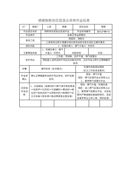喷煤制粉岗位现场点巡检作业标准