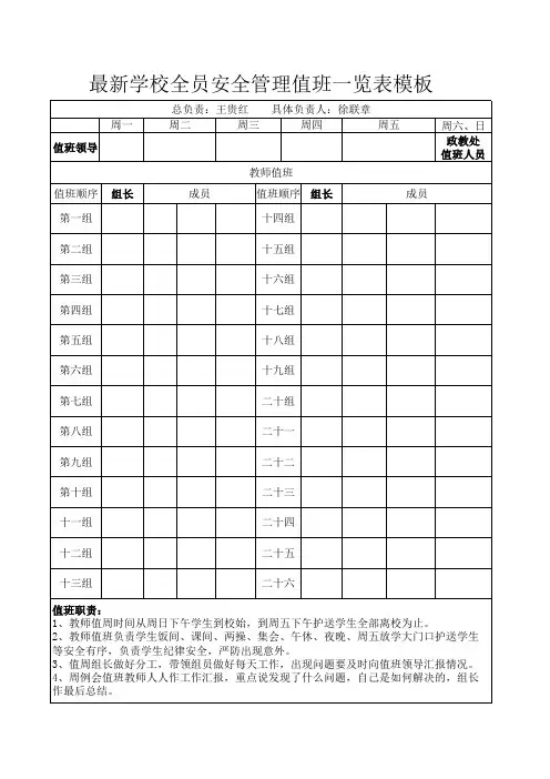 最新学校全员安全管理值班一览表模板