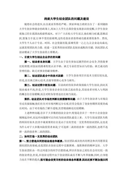 浅谈大学生创业团队的问题及建设