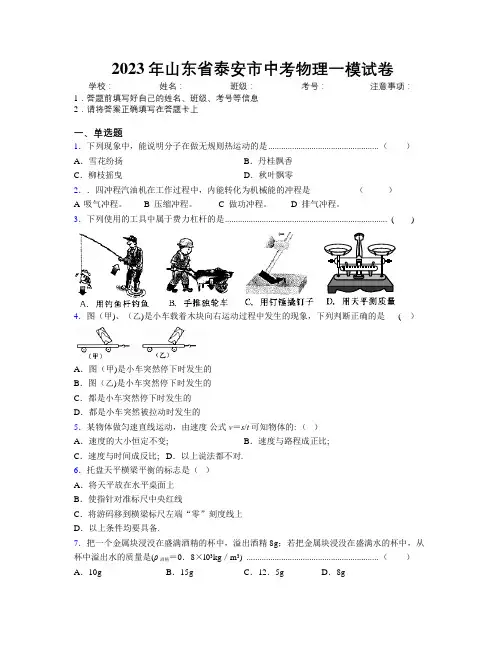 2023年山东省泰安市中考物理一模试卷及解析