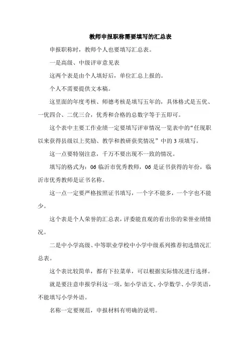 教师申报职称需要填写的汇总表