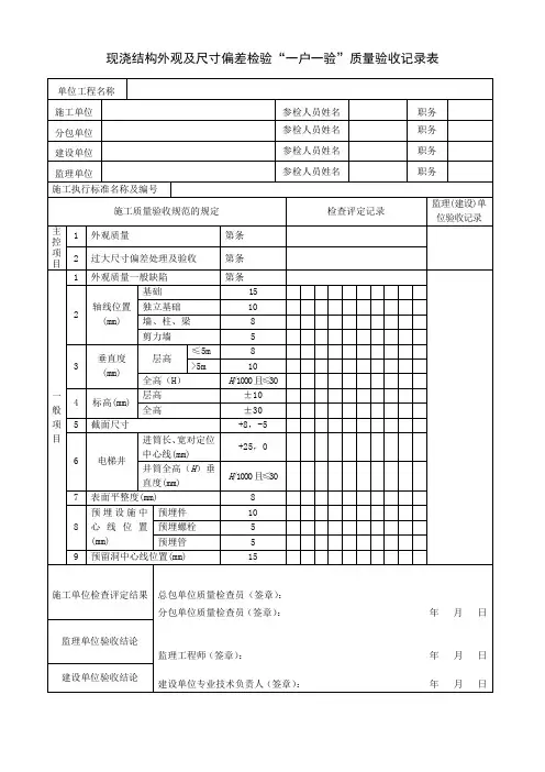 现浇结构外观及尺寸偏差检验质量验收记录表