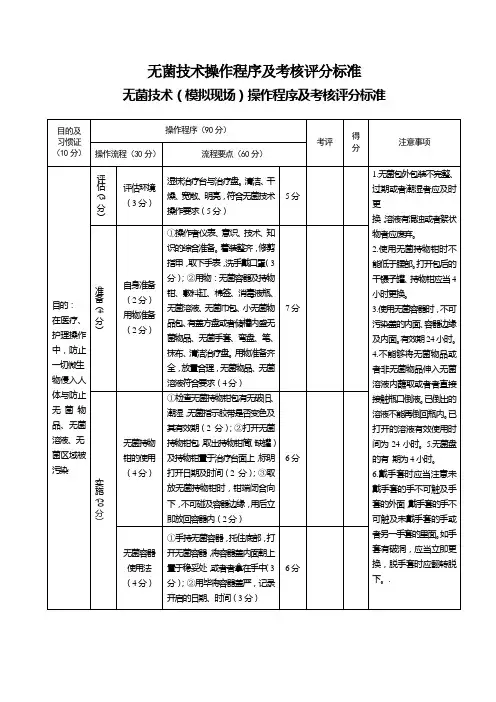 无菌技术操作程序及考核评分标准