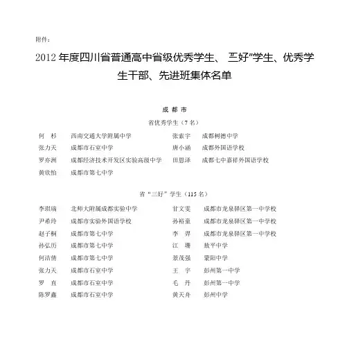 2012年度四川省普通高中省级优秀学生、“三好”学生、优秀学生