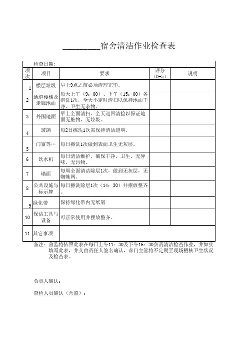宿舍清洁作业检查表