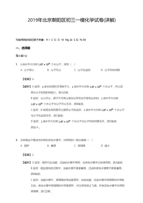 2019年北京朝阳区初三一模化学试卷-解析版、