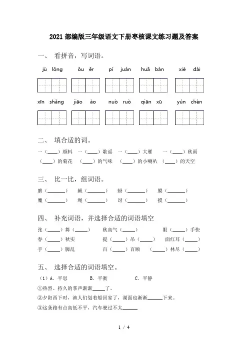 2021部编版三年级语文下册枣核课文练习题及答案