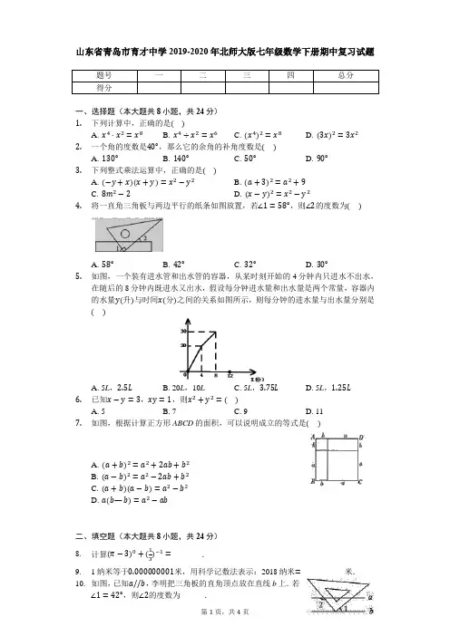 北师大版七年级数学下册期中复习试题(含答案)