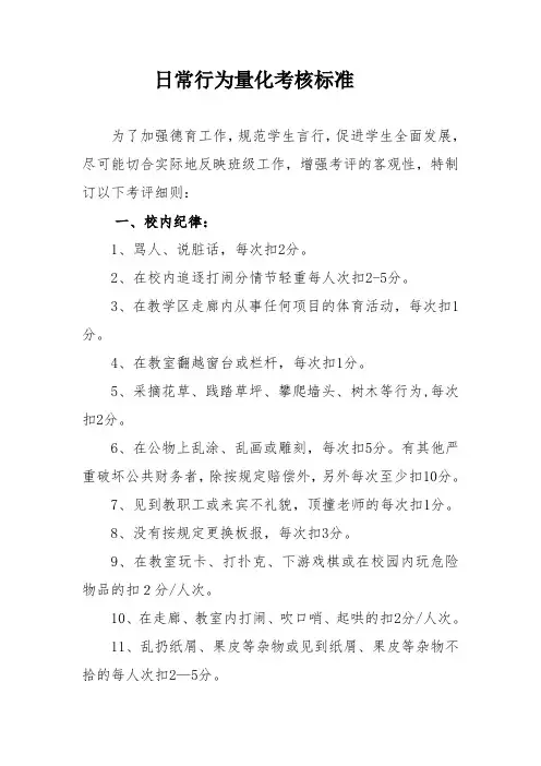 小学生日常行为量化考核标准