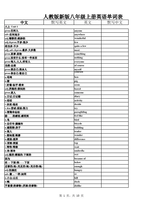 人教版八年级上册英语单词表(中英文对照)