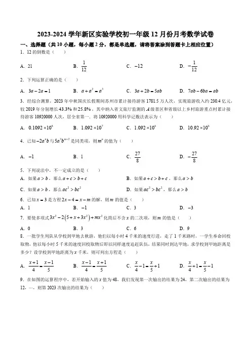 江苏省苏州市高新区实验初中2023-2024学年上学期七年级数学现场作业(12月)(含解析)