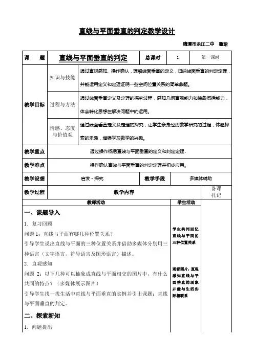 高中数学必修2第一章 立体几何初步第6节垂直关系—(垂直关系的判定) 教学设计