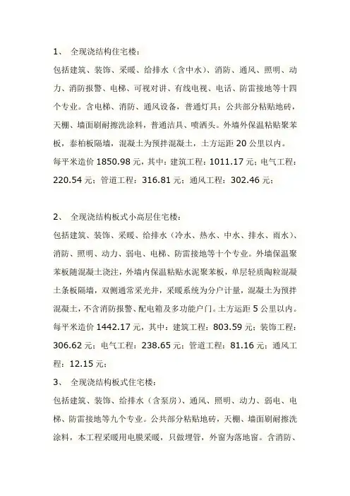 2015年建筑单方造价指标汇总(供参考)