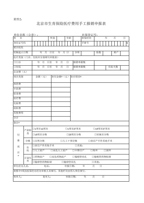 生育保险手工报销费用审批表