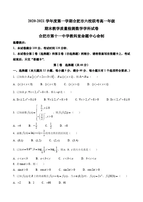 安徽省合肥市六校2020-2021学年高一上学期期末联考数学试题