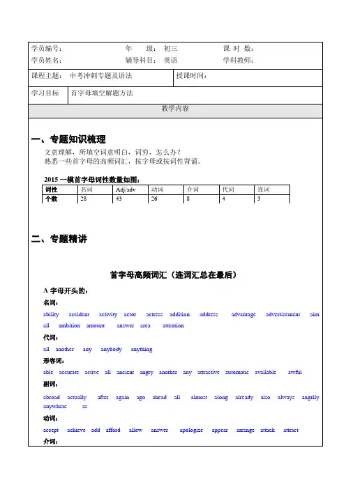 上海初三中考英语首字母填空解题方法高频词整理(含练习及答案)