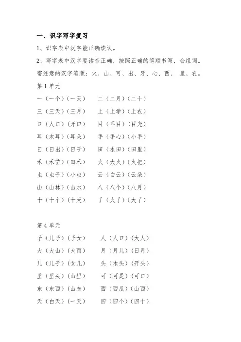 部编人教语文一年级上册写字表100个字组词
