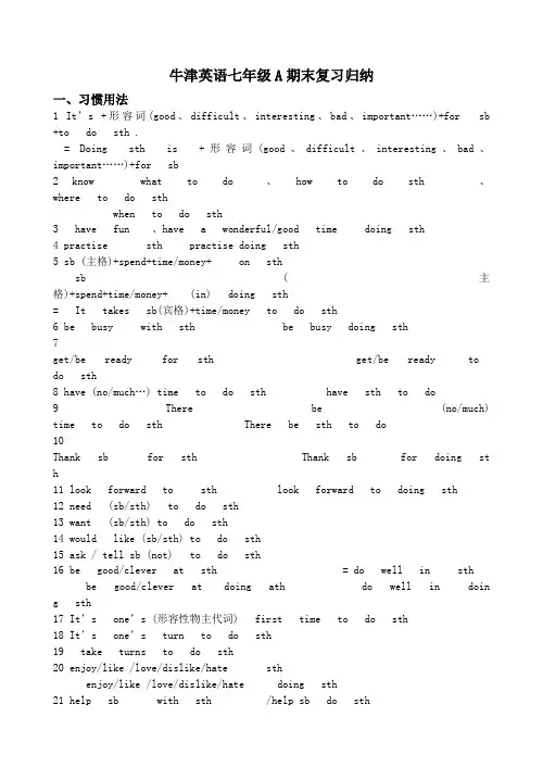 (完整word版)牛津英语7A期末复习归纳