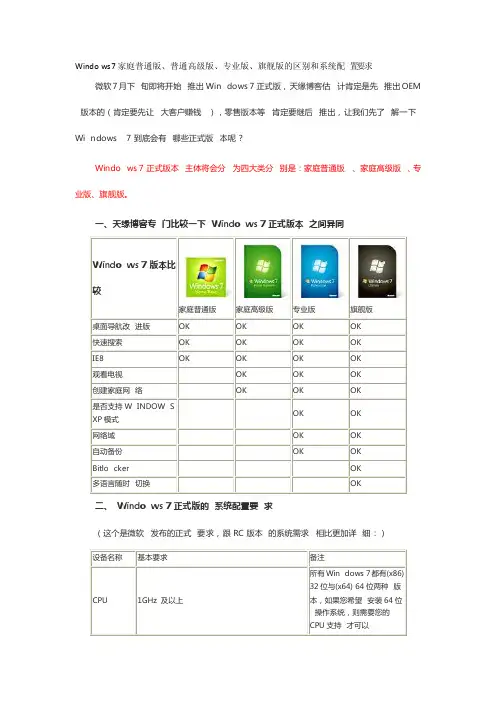 Windows7家庭普通版、普通高级版、专业版、旗舰版的区别和系统配置要求