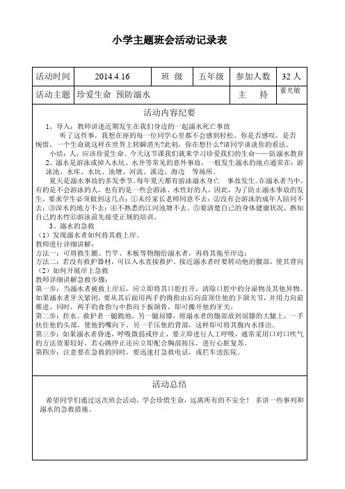 小学主题班会活动记录表 2