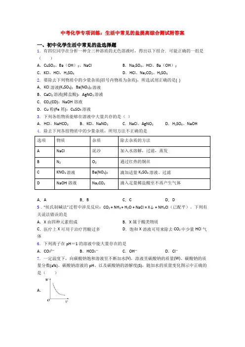 中考化学专项训练：生活中常见的盐提高综合测试附答案